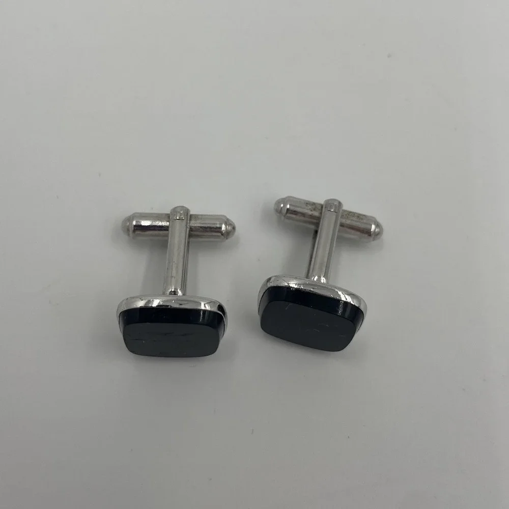Vintage Black Onyx Men's‎ Cufflinks Silver Tone Square USA Eclectic Grandpa